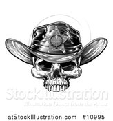 Vector Illustration of a Black and White Vintage Engraved Cowboy Skull Wearing a Sheriff Hat by AtStockIllustration