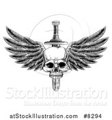 Vector Illustration of a Black and White Vintage Engraved or Woodcut Dagger Through a Winged Skull by AtStockIllustration