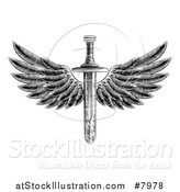 Vector Illustration of a Black and White Vintage Engraved or Woodcut Winged Sword by AtStockIllustration