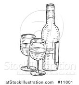 Vector Illustration of a Black and White Vintage Engraved Wine Bottle and Glasses by AtStockIllustration