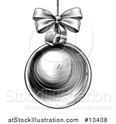 Vector Illustration of a Black and White Vintage Woodcut or Engraved Suspended Christmas Bauble Ornament with a Bow by AtStockIllustration