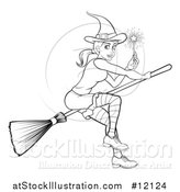 Vector Illustration of a Black and White Witch Holding a Magic Wand and Flying on a Broomstick by AtStockIllustration
