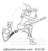Vector Illustration of a Black and White Witch Holding a Magic Wand and Flying with a Cat on a Broomstick by AtStockIllustration