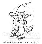 Vector Illustration of a Black and White Witch Owl Wearing a Hat by AtStockIllustration