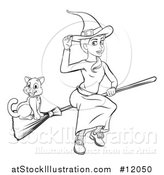 Vector Illustration of a Black and White Witch Tipping Her Hat and Flying on a Broomstick with Her Cat by AtStockIllustration