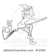 Vector Illustration of a Black and White Witch Tipping Her Hat and Flying on a Broomstick with Her Cat by AtStockIllustration