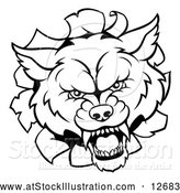 Vector Illustration of a Black and White Wolf Mascot Head Breaking Through a Wall by AtStockIllustration