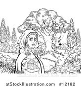 Vector Illustration of a Black and White Wolf Stalking Little Red Riding Hood by AtStockIllustration