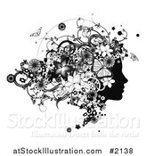 Vector Illustration of a Black and White Woman's Face in Profile, with Flowers and Butterflies by AtStockIllustration