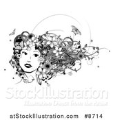 Vector Illustration of a Black and White Womans Face with Butterflies, Flowers and Vines in Her Hair by AtStockIllustration