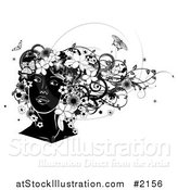 Vector Illustration of a Black and White Woman's Face, with Flowers and Butterflies by AtStockIllustration