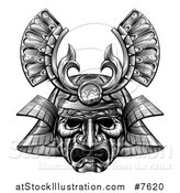 Vector Illustration of a Black and White Woodblock Styled Samurai Mask by AtStockIllustration