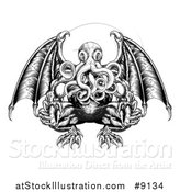 Vector Illustration of a Black and White Woodblock Winged Octopus Cthulhu Monster by AtStockIllustration