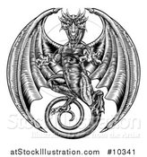 Vector Illustration of a Black and White Woodcut Dragon by AtStockIllustration