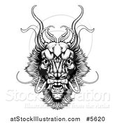 Vector Illustration of a Black and White Woodcut Dragon Head by AtStockIllustration