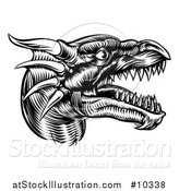 Vector Illustration of a Black and White Woodcut Dragon Head in Profile by AtStockIllustration