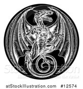 Vector Illustration of a Black and White Woodcut Dragon in a Circle by AtStockIllustration