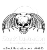 Vector Illustration of a Black and White Woodcut Etched or Engraved Bat or Dragon Winged Skull by AtStockIllustration