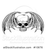 Vector Illustration of a Black and White Woodcut Etched or Engraved Bat or Dragon Winged Skull by AtStockIllustration
