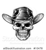 Vector Illustration of a Black and White Woodcut Etched or Engraved Cowboy Skull by AtStockIllustration