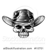 Vector Illustration of a Black and White Woodcut Etched or Engraved Cowboy Skull by AtStockIllustration