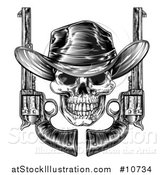 Vector Illustration of a Black and White Woodcut Etched or Engraved Cowboy Skull with Six Shooter Pistols by AtStockIllustration