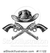 Vector Illustration of a Black and White Woodcut Etched or Engraved Crossed Cowboy Hat over Vintage Revolver Pistols by AtStockIllustration