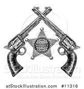 Vector Illustration of a Black and White Woodcut Etched or Engraved Sheriff Star and Crossed Vintage Revolver Pistols by AtStockIllustration