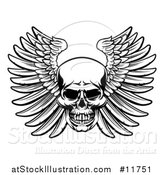 Vector Illustration of a Black and White Woodcut Etched or Engraved Winged Skull by AtStockIllustration