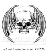Vector Illustration of a Black and White Woodcut Etched or Engraved Winged Skull by AtStockIllustration