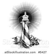 Vector Illustration of a Black and White Woodcut Lighthouse with a Shining Light by AtStockIllustration