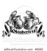 Vector Illustration of a Black and White Woodcut or Engraved Beer Steins or Tankards Chinking Together in a Toast over an Oktoberfest Ribbon Banner by AtStockIllustration