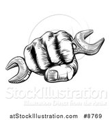 Vector Illustration of a Black and White Woodcut or Engraved Fisted Hand Holding a Spanner Wrench by AtStockIllustration