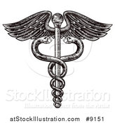 Vector Illustration of a Black and White Woodcut or Engraved Medical Caduceus with Snakes on a Winged Rod by AtStockIllustration