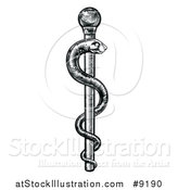 Vector Illustration of a Black and White Woodcut or Engraved Medical Rod of Asclepius with a Snake by AtStockIllustration