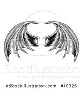 Vector Illustration of a Black and White Woodcut or Engraved Pair of Bat or Dragon Wings by AtStockIllustration