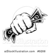 Vector Illustration of a Black and White Woodcut or Engraved Revolutionary Fisted Hand Holding Cash Money by AtStockIllustration