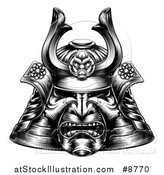 Vector Illustration of a Black and White Woodcut or Engraved Samurai Mask by AtStockIllustration