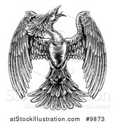 Vector Illustration of a Black and White Woodcut or Engraved Styled Phoenix Firebird by AtStockIllustration