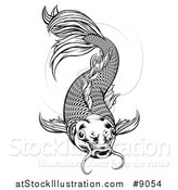 Vector Illustration of a Black and White Woodcut Oriental Styled Koi Fish by AtStockIllustration