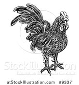 Vector Illustration of a Black and White Woodcut Styled Rooster by AtStockIllustration