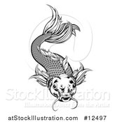 Vector Illustration of a Black and White Woodcut Swimming Koi Fish by AtStockIllustration