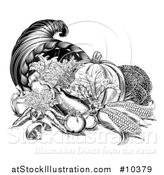 Vector Illustration of a Black and White Woodcut Vintage Horn of Plenty Cornucopia with Produce by AtStockIllustration