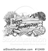 Vector Illustration of a Black and White Wooden Happy Thanksgiving Sign Framed in Produce Vegetables by AtStockIllustration