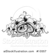 Vector Illustration of a Black and Winte Vintage Woodcut or Engraved Entwined Wedding Rings on a Hibiscus Flower Bouquet by AtStockIllustration