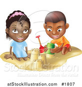 Vector Illustration of a Black Boy and Girl Building Sand Castles Together by AtStockIllustration