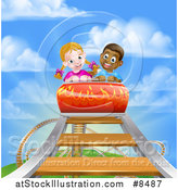 Vector Illustration of a Black Boy and White Girl on a Roller Coaster Ride, Against a Blue Sky with Clouds by AtStockIllustration