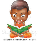 Vector Illustration of a Black Boy Sitting on a Floor and Reading a Green Book by AtStockIllustration