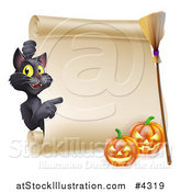 Vector Illustration of a Black Cat Pointing to a Scroll Sign with a Witch Broomstick and Halloween Pumpkins by AtStockIllustration