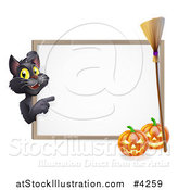 Vector Illustration of a Black Cat Pointing to a White Board Halloween Sign with Pumpkins and a Broomstick by AtStockIllustration